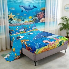 Animals Twin,Shark Octopus Turtle Coral Bedding Set for Teens Adults,World Ca...
