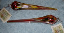 Poland Zorza Heavy Stretch Blown Glass 10" Icicle Christmas Ornaments Set/2 NIB
