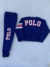 Polo Ralph Lauren Sweatshirt Joggers Set Girls Large Navy Logo Striped Fleece
