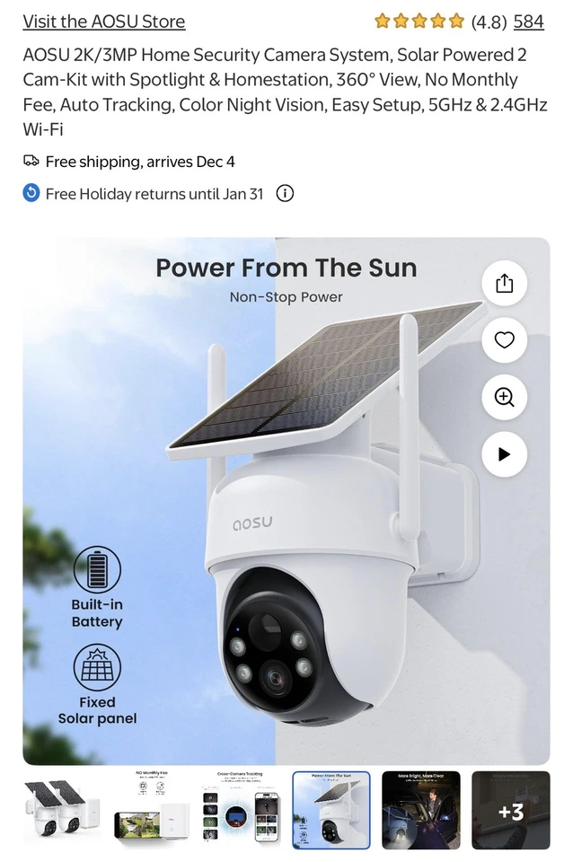 aosu 2K QHD 3.0-MP Dual-Band Wi-Fi® Outdoor AI-Smart Solar Security Camera Kit - Image 2 of 4