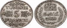 Tunisia 5 Francs Silver Coin 1934 (AH 1353) - , French Protectorate