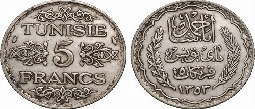 Tunisia 5 Francs Silver Coin 1934 (AH 1353) - , French Protectorate