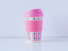 WAITROSE PINK FLOWER DESIGN REUSABLE COFFEE CUP WITH LID 355ml (FADED)