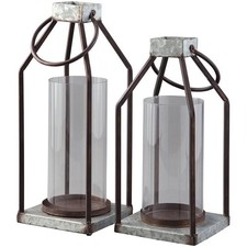 Bowery Hill 2 Piece Metal and Glass Lantern Candle Holder Set