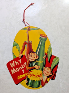 Vintage 1941 Squirt Soda Double Sided Cardboard Advertisement Fan Pull / Monkeys