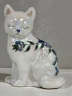 Fenton~Sitting Cat Figurine~White Iridescent~Blue Floral ~ Hand Painted ~ Signed