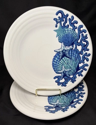 Lot 2 FIESTAWARE FIESTA WHITE COASTAL 9” LUNCHEON PLATES BLUE SHELLS & STARFISH