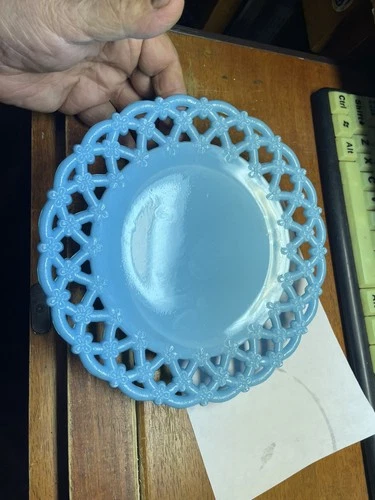 VTG Westmoreland Forget Me Not Blue Milk Glass Lattice Edge Plate 8.5” 1#