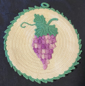 Set of 2 Vtg Hand Made Primitive Crochet Grapes & Poppy Potholders/Decor