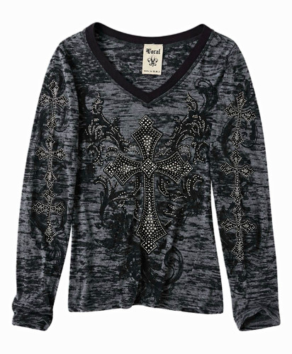 Vocal Gray/Black Graphic Cross V-Neck Long Sleeve Burnout Rhinestone Tee L