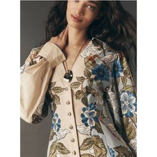 Farm Rio Beige Blue Botanical Bird Print Button Front Midi Dress Boho Fall NWT M