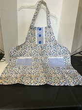 NEW Full Length DECORATIVE Floral with BLUE CHECK with lace Pockets APRON ties
