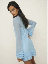 Reformation Avalina Sheer Long-Sleeve Mini Dress Light Blue 4 MISSING SLIP