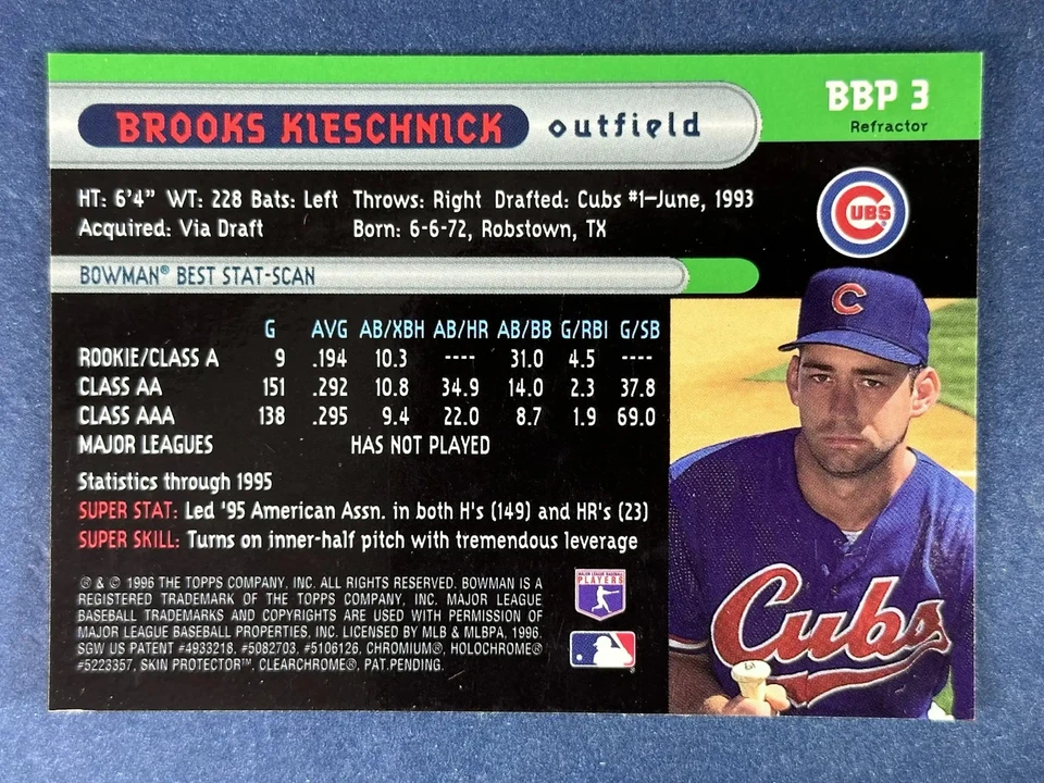 1996 Bowman's Best Preview Refractor Brooks Kieschnick Cubs - Image 2 of 2