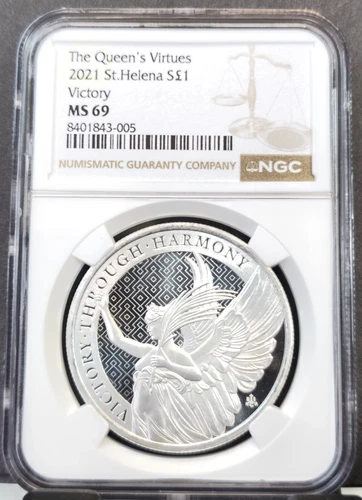 2021 SAINT HELENA SILVER 1 POUND THE QUEENS VIRTUES VICTORY NGC MS 69 BEAUTIFUL