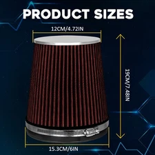 6" 152mm High Flow Inlet Dry Air Filter Cold Air Intake Cone Replacement Red