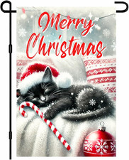 Christmas Garden Flag 12X18 Inch Merry Christmas Sleeping Black Cat Outdoor Flag