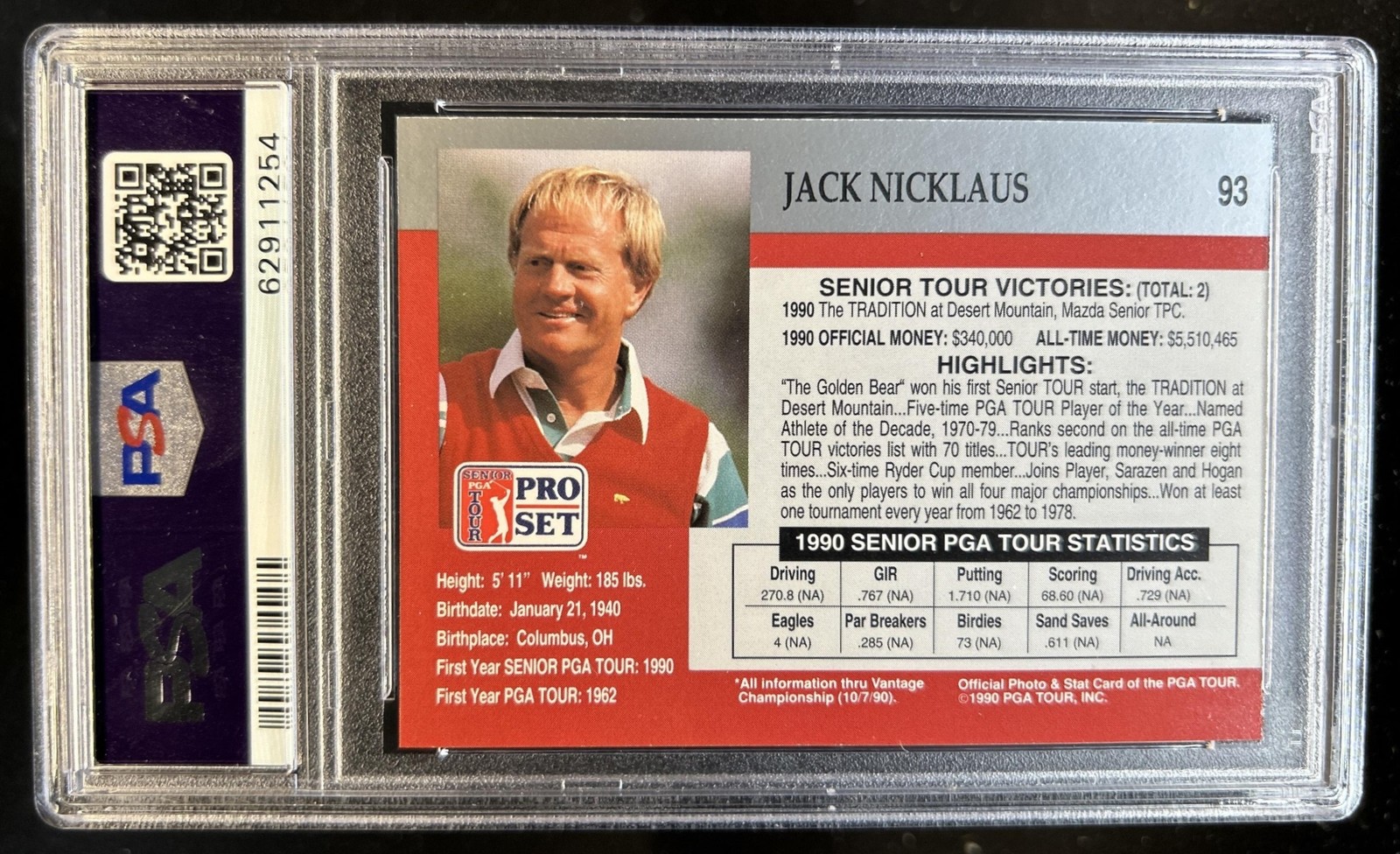 1990 Pro PGA Tour Jack Nicklaus #93 PSA 9 view 2