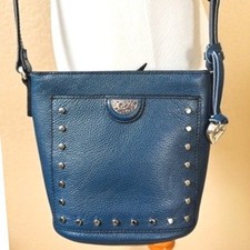 Brighton Ricki Small Bucket Bag Blue Leather Studded Crossbody Purse