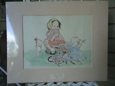 Kewpie Doll Baby Toddler Print Matted Sewing Basket Pastel Vintage Art 13.5 x 10