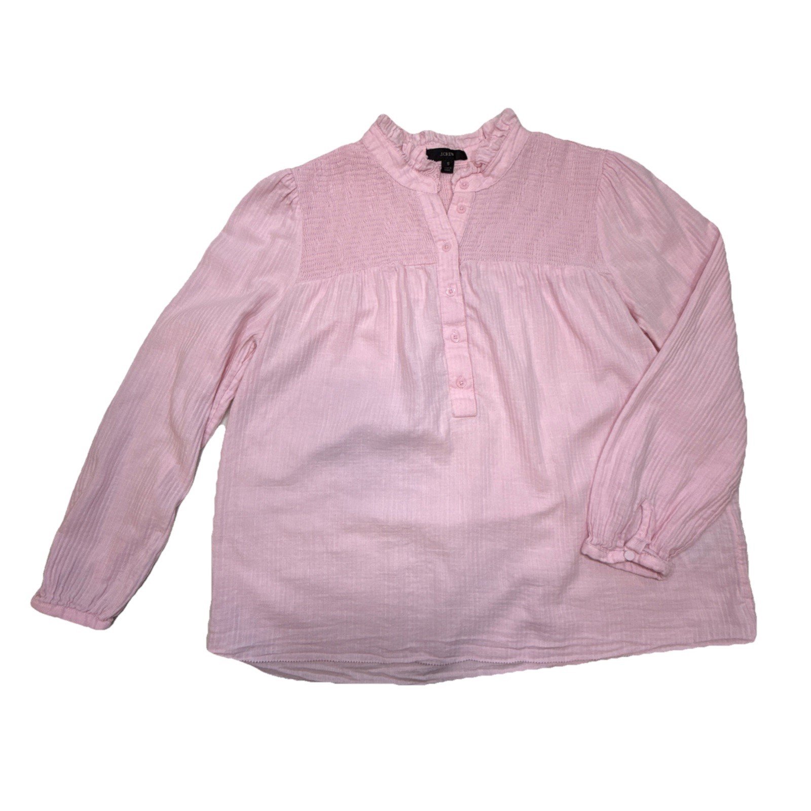 J.Crew Women Blouse Pink Smocked Ruffle Neck Long Sleeve Size S