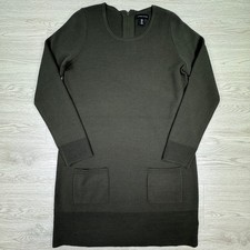 Adrienne Vittadini Women Sweater Dress Olive Green Large Merino Wool Pockets