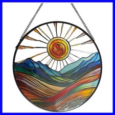 Sun Mountains Stained Glass Window Hanging, 9.8   Sun Catcher Glass Panel Boho...