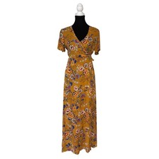 Patrons of Peace Wrap Maxi Dress Floral Mustard Cottagecore Festival Boho Small