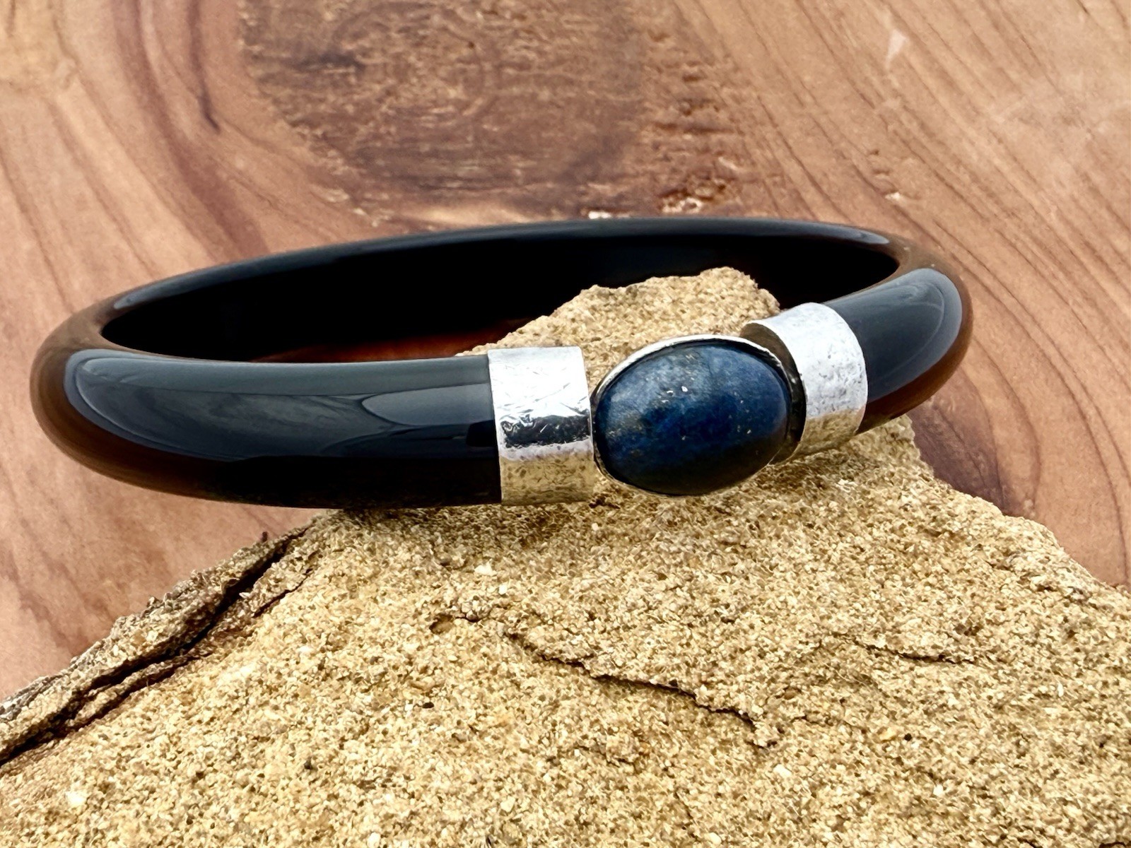 Solid Black Onyx Bangle Sterling Silver Blue Lapi… - image 2