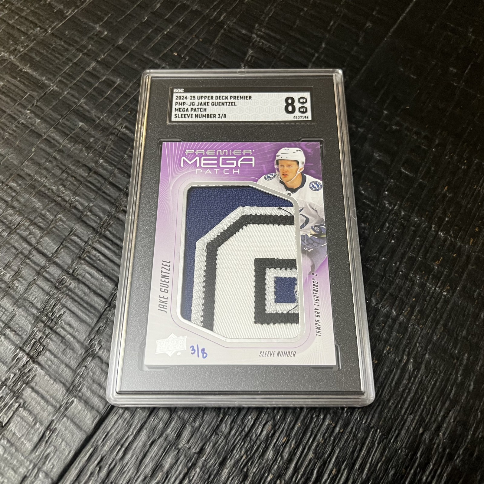 2024-25 Upper Deck Premier Jake Guentzel Mega Patch Sleeve Number 3/8 SGC 8