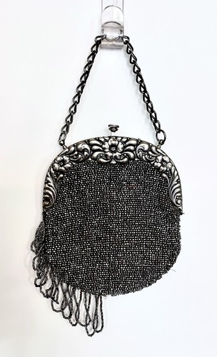Victorian Silver Floral Frame Steel Small Beaded Chatelaine Purse