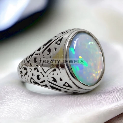 Opal Oval Cut Gemstone With 14K Solid White Gold Ring For Men's #872