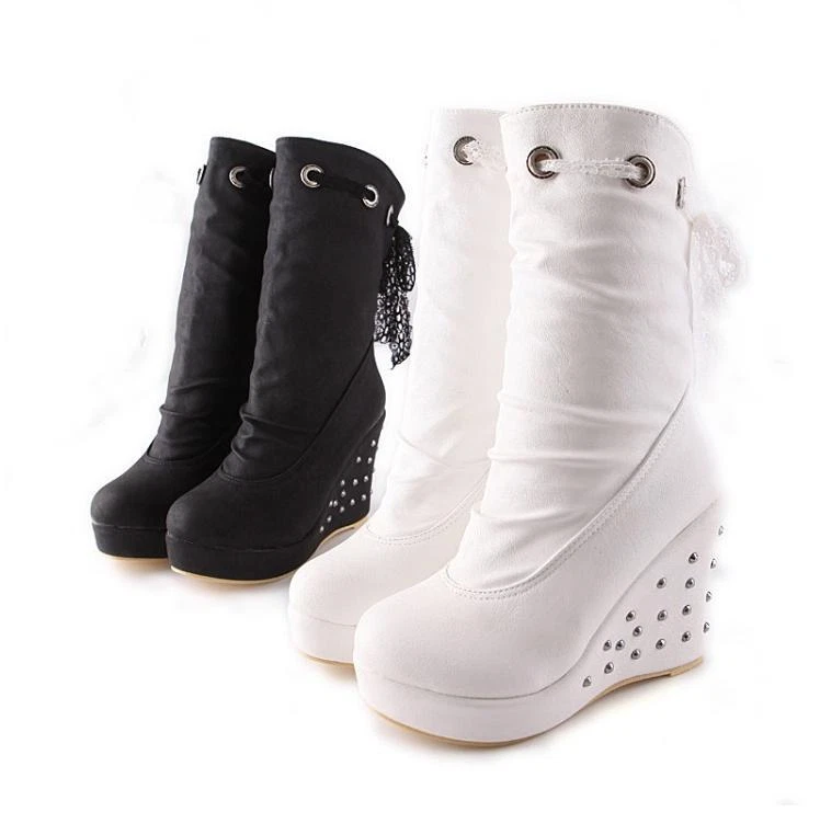 Botas para mujer Sweet Platform media pantorrilla zapatos 9,8 cm tacón de cuña estrás 42 43  Foto 3 de 4