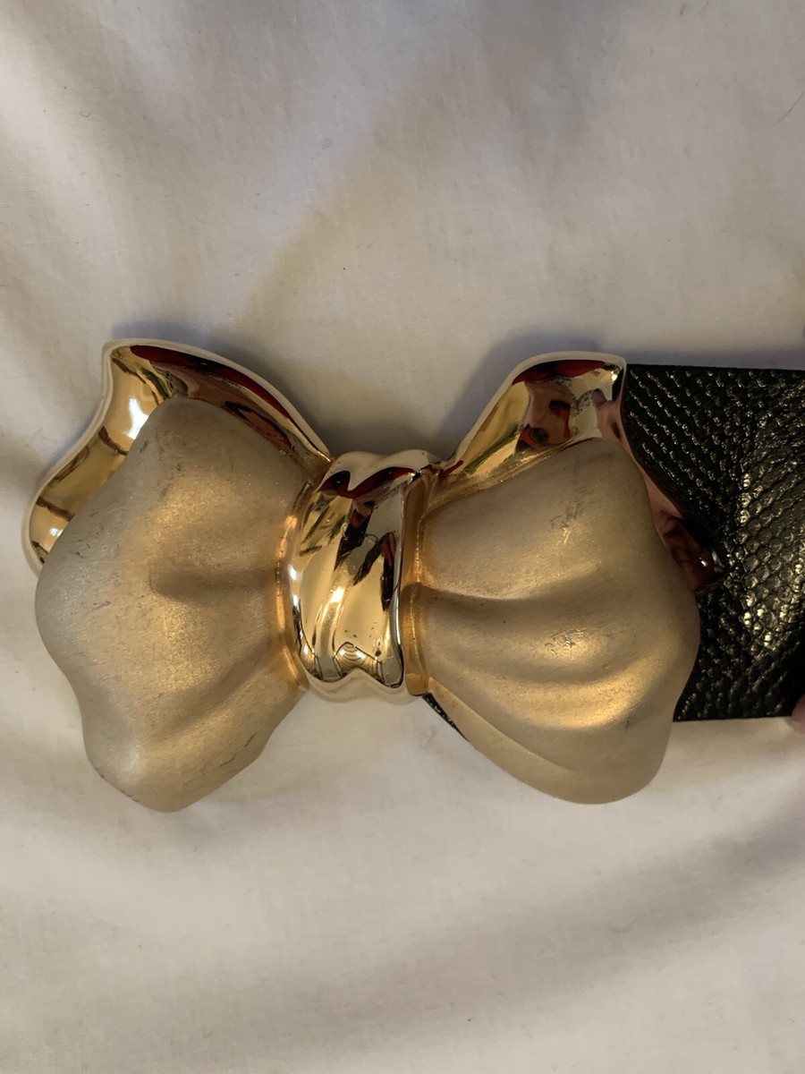 Judith Leiber Black Snakeskin Wide Belt Expandable Gold Bow Buckle Rare Judith Leiber Black Snakeskin Wide Belt Expandable Gold Bow  main image 2
