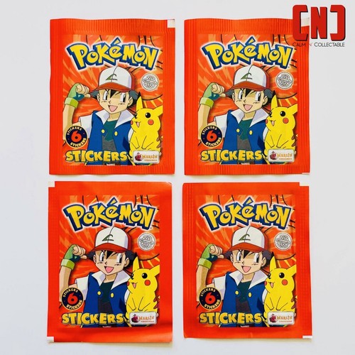 4 x Vintage 1999 Pokemon Sealed Sticker Booster Pack Merlin Topps Red