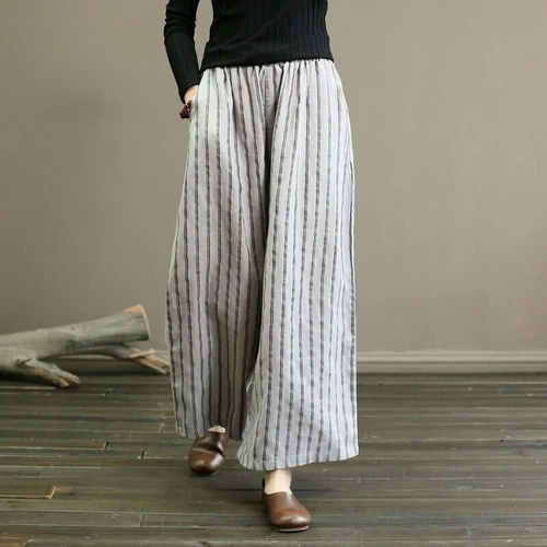 Women Cotton Linen Stripe Loose Wide Leg Trousers Drawstring Elastic Waist Pants - Bild 7 von 13