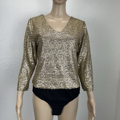 New York Company Bodysuit Sparkly Sequin Gold M  Money Christmas Party New