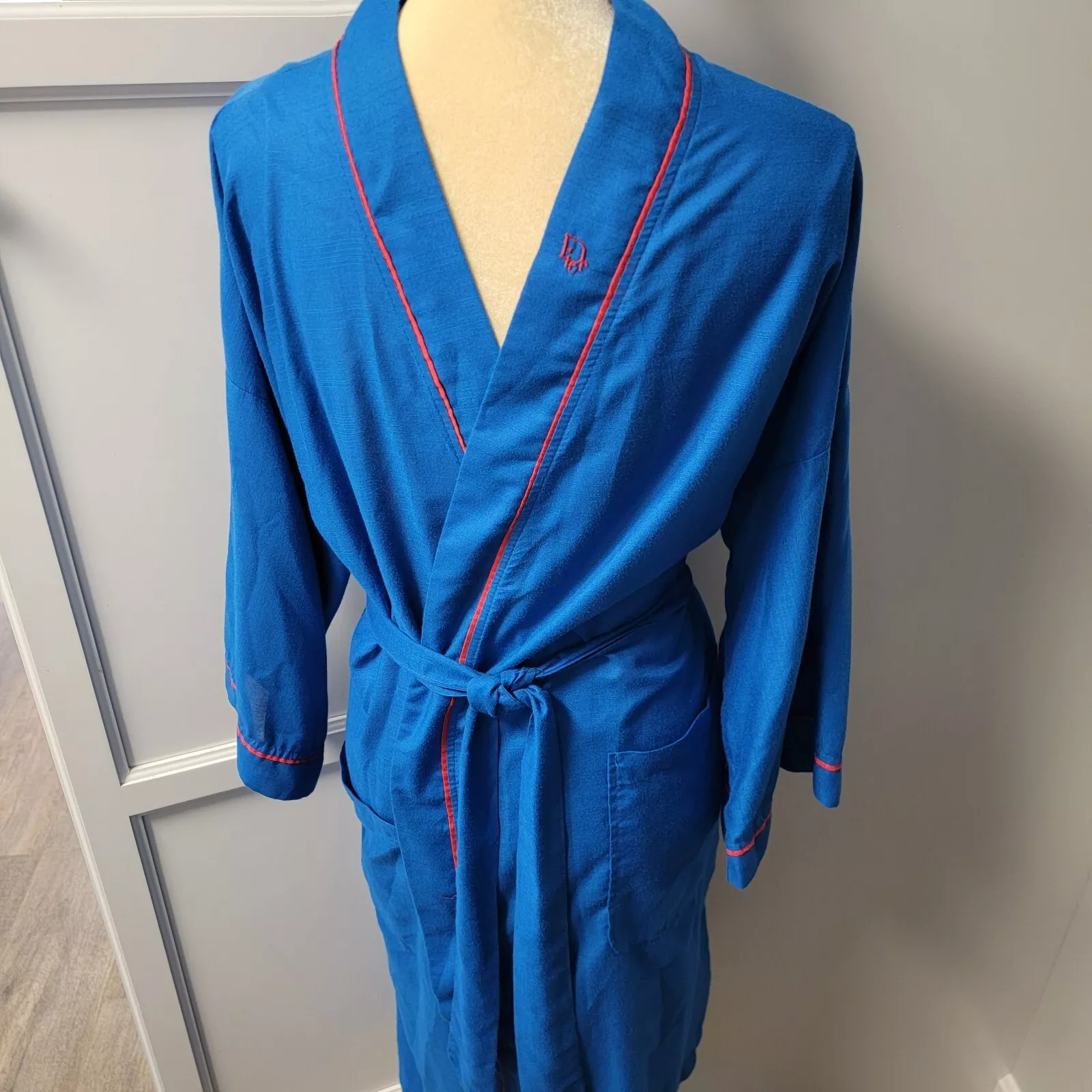 Robe de chambre homme Christian Dior vintage bleu avec bordure rouge coton taille unique