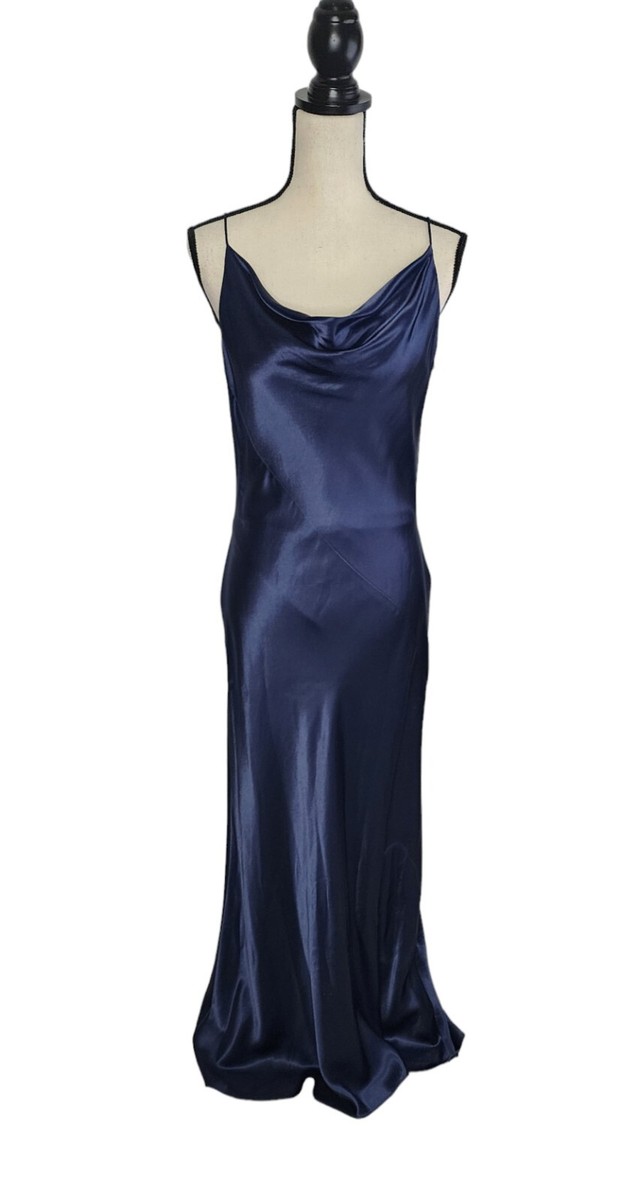 navy satin cowl neck dress Navy Satin Cowl Neck Midi Dress With Side Slit