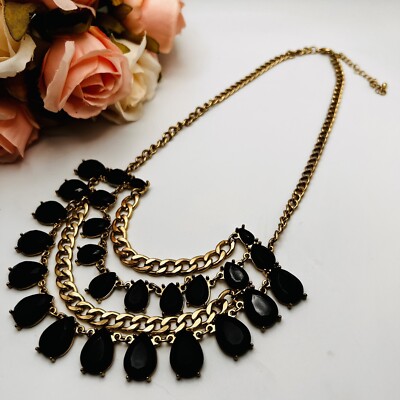 Rhinestone Black And Gold Chunky Necklace Clear Rhinestone Petal