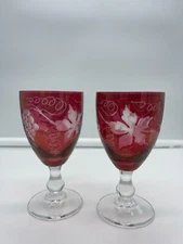 Pair of Vintage Cranberry Red Flash Wine Glasses Grape Pattern