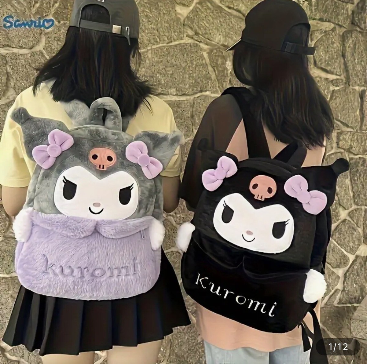 Kuromi Plush Backpack Sanrio Hello Kitty Black Furry Kawaii Spooky Book Bag 15” Kuromi Face Fuzzy Backpack | Hot Topic main image 2