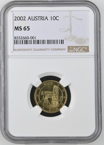 2002 Austria 10 Euro Cent NGC MS65 Brass Coin 10C - Picture 1 of 8