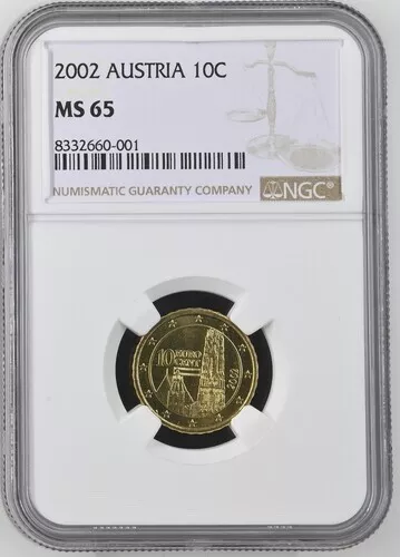 2002 Austria 10 Euro Cent NGC MS65 Brass Coin 10C