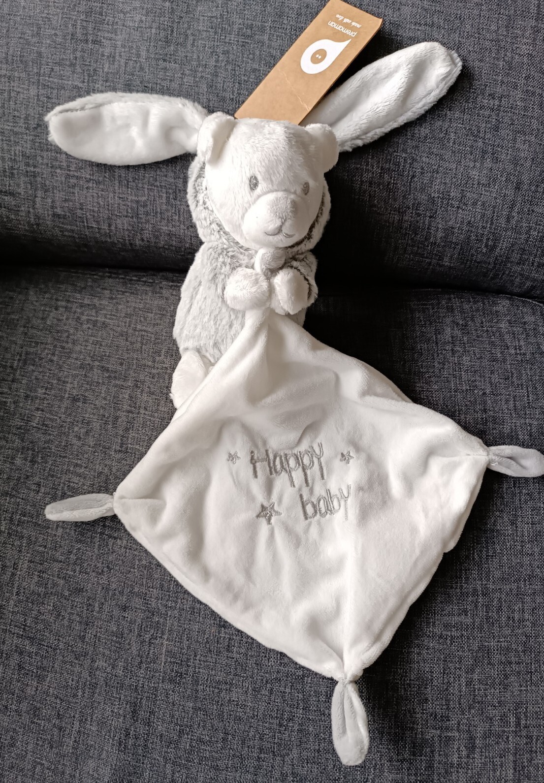 Doudou lapin plat Orchestra Prémaman, mouchoir naissance gris et blanc