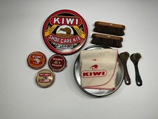 Vintage Kiwi Shoe Care Tin Kit 7" Round Polish Shine Brushes Daubers, Rare..