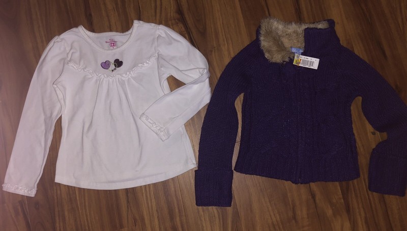 Girls 5/6 Purple Hearts White L/S Shirt NWT Cable Knit Zip Up Sweater faux fur