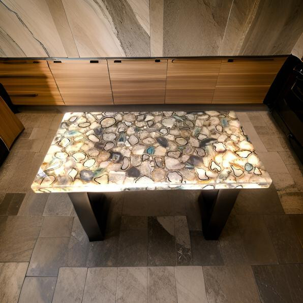 Rectangle Natural Agate Stone Dining Table Top, Carved Mid Century Modern Arts