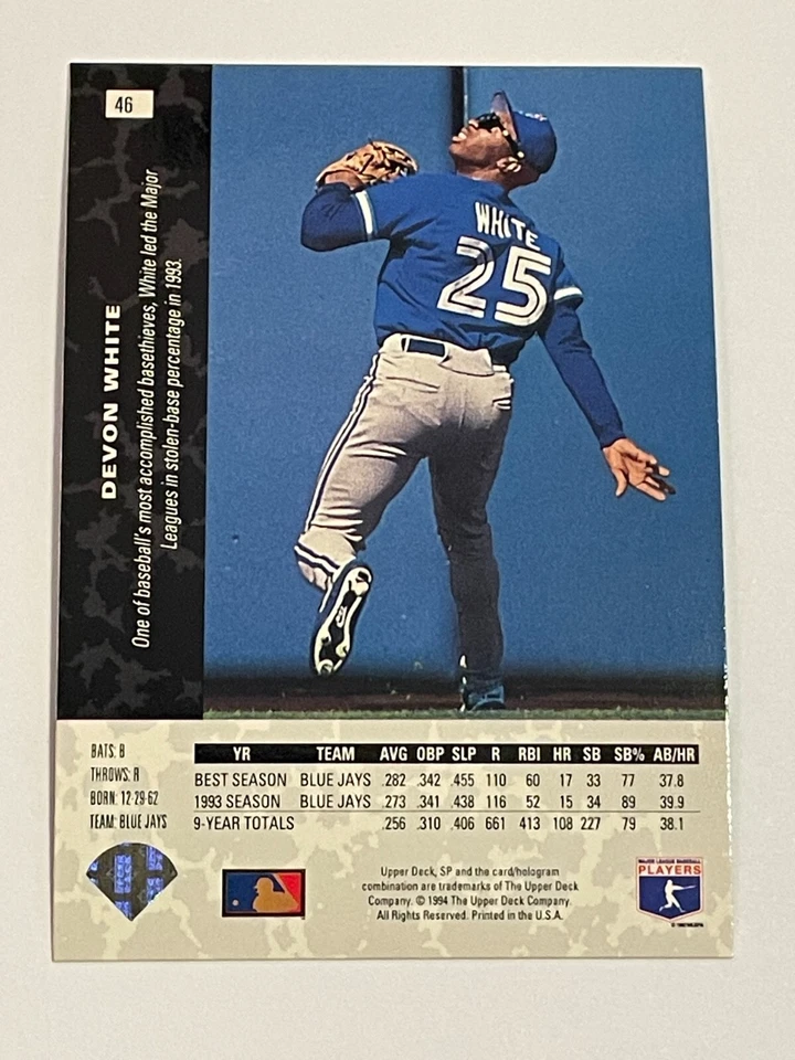 1994 Upper Deck SP Baseball #46 - Devon White - Toronto Blue Jays - Image 2 of 2