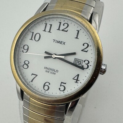 Timex Indiglo Quartz Watch Men 30m Dual Tone Date Stretch Analog New Battery